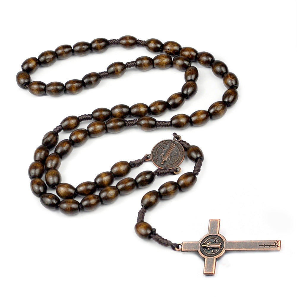Wholesale Rosary Beads Weaving Dark Brown Rice Beads Wooden Cross Necklace